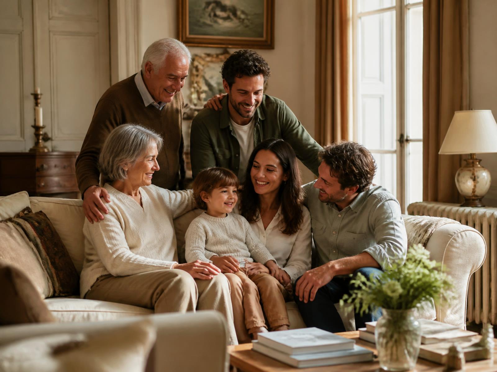 Three generations of a family sitting together in a sunlit living room